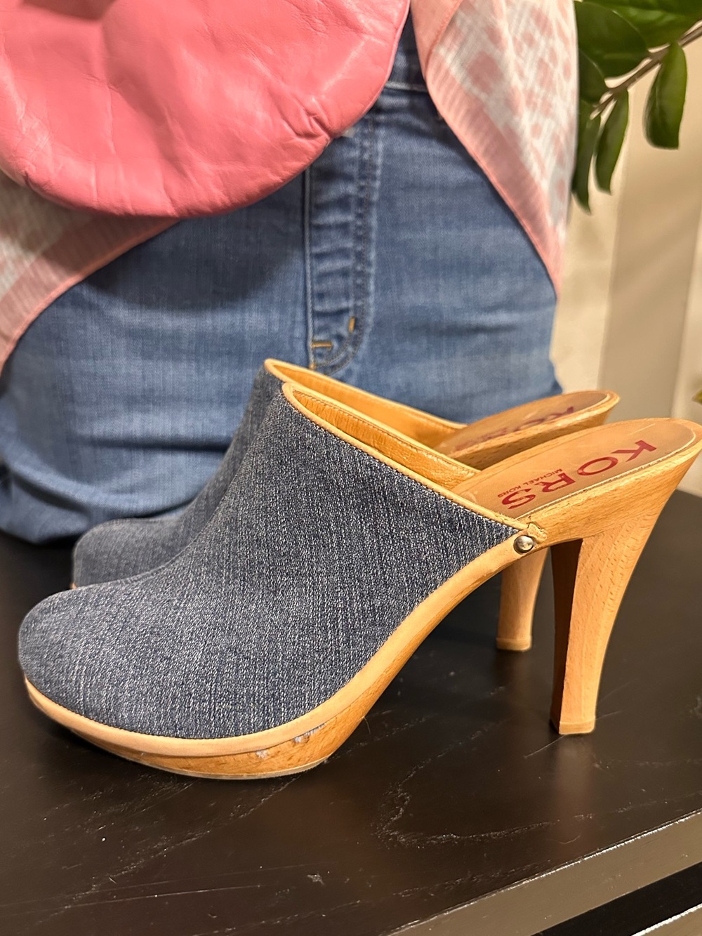 Michael Kors Denim Platform Clog Mules in Blue and Natural Wood
